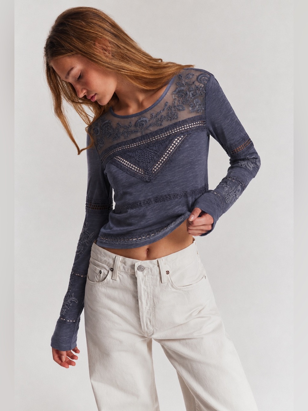 Sundance Petite XS Gray Lace Embroidered Long Sleeve Boho Top